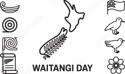 Waitangi day with new zealand map and kiwi icons vector outline graphic illustration on transparent background