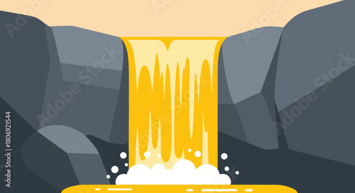 Golden Waterfall Flowing Between Dark Rocks Illustration.