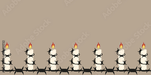 Vector empty Frame from burning candle and razor wire. Vector illustration Holocaust Day banner with candle empty space for text. ePS 10