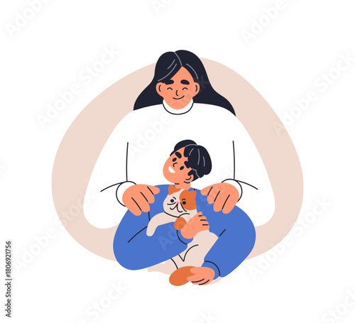 Happy family, mother and kid holding cute funny cat. Smiling mom, woman and s...