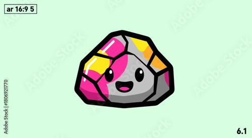Cute cartoon gemstone with a happy face and colorful facets, a delightful character.