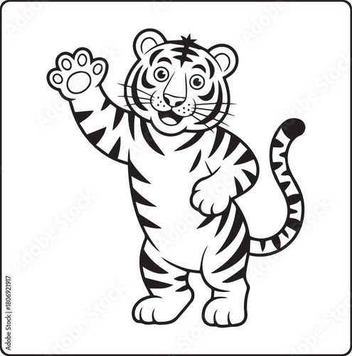 Cute tiger raise hand and say something black outline vector illustration coloring book for kids