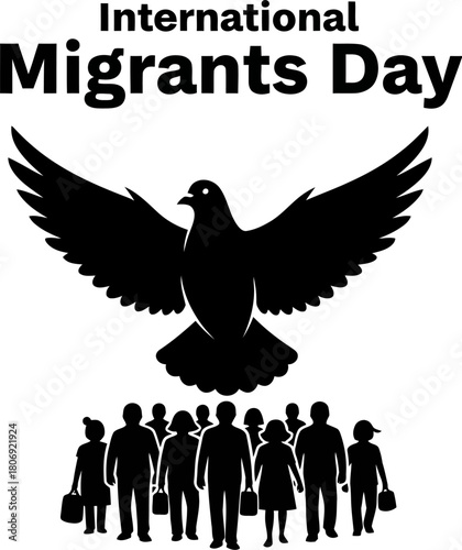 Silhouette illustration for international migrants day featuring a dove and a group of people