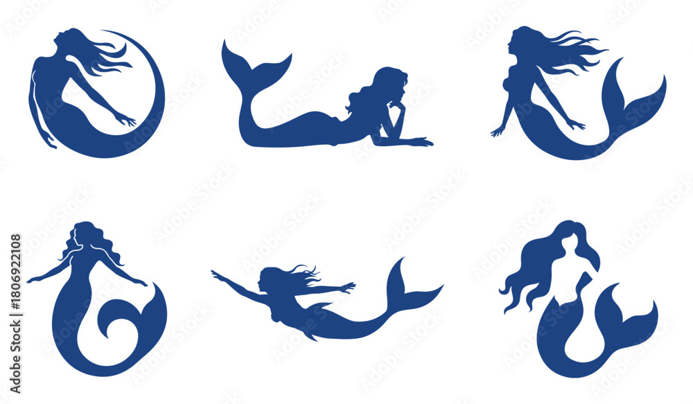 Fototapeta premium Mermaid Silhouette Vector Set – Fantasy Sea Creatures Clipart Collection