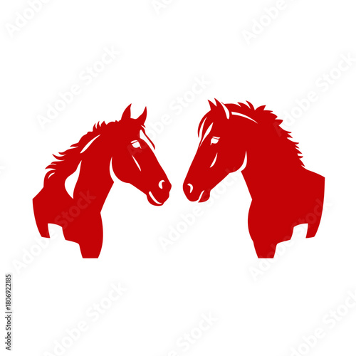 Dynamic red graphic illustration of two horse head silhouettes in profile, facing each other. Bold equine design element representing power and partnership.
