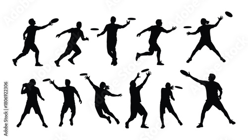 Ultimate frisbee player silhouettes collection isolated on white background, Vector