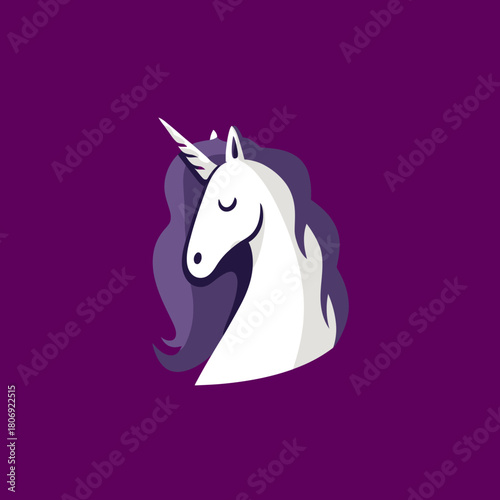 Whimsical unicorn head illustration with elegant purple mane and horn. Magical fantasy creature avatar or icon design.
