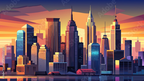 Very beautiful panoramic view of Manhattan’s Midtown skyline, featuring illuminated skyscrapers glowing against a warm sunset sky, capturing the dynamic energy and architectural grandeur of New York C