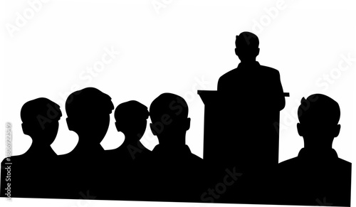 Engaging speaker presenting to audience, seminar or conference concept, powerful silhouette for corporate event or business presentation, scalable vector graphic
