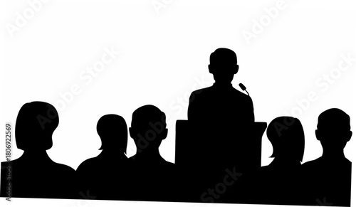 Dynamic speaker addressing audience at conference, empowering presentation, engaging leadership, corporate event, seminar, educational, business gathering