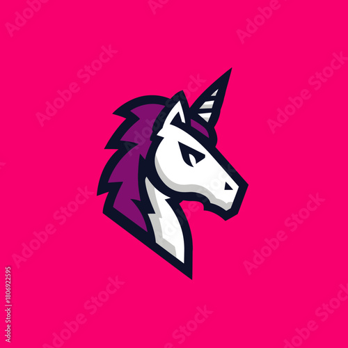Dynamic unicorn head mascot logo illustration with purple mane on a vibrant pink background. Fantasy e-sports vector art.