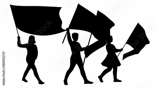 Powerful activists marching with flags in solidarity, showcasing unity and determination in a protest, demonstration, or rally for social change and justice