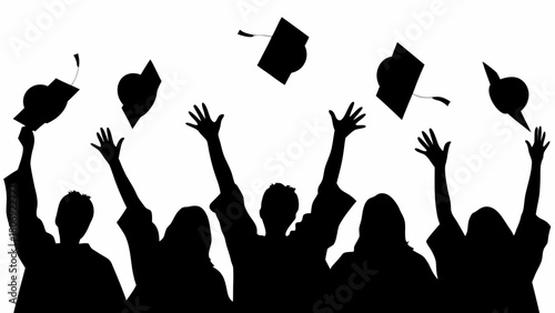 Celebrate Graduation Success: Silhouette of Graduates Tossing Caps in Joyful Celebration of Academic Achievement and New Beginnings, Perfect for Educational Designs