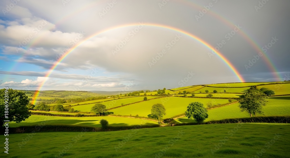 Naklejka premium Vibrant double rainbow arches over lush green rolling hills after a refreshing rain shower
