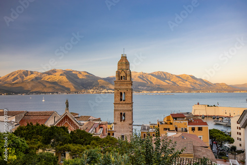 Fototapeta Naklejka Na Ścianę i Meble -  Gaeta, Latina, Lazio, Italy. A splendid view of the city. The old town with its houses overlooking the sea. The Cathedral of Saints Erasmo and Marciano and Santa Maria Assunta with its bell tower.