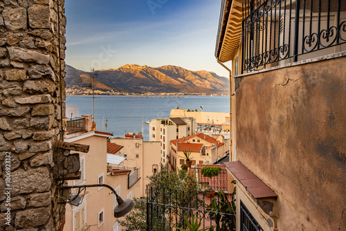 Gaeta, Latina, Lazio, Italy. A splendid view of the city. The old town with its houses overlooking the sea. The mountains in the background.