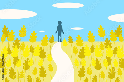 Vector illustration of simple hand drawn silhouette of a man in a wheat field. Ukraine Independence day art. Blue sky and yellow wheat field background. EPS 10