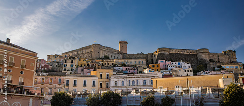 Fototapeta Naklejka Na Ścianę i Meble -  Gaeta, Latina, Lazio, Italy. A splendid view of the city. The ancient village with its houses overlooking the sea. The imposing Angevin Castle dominating the town from above.