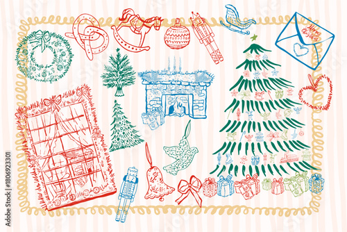 Hand-drawn Christmas doodle elements set. Vector sketch collection of holiday icons and decorations (Santa, trees, gifts, snowflakes). Perfect for pattern and design.