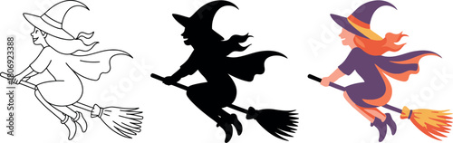 Witches on Broomsticks Halloween Vector Illustration Trio with Outlines Silhouette and Color