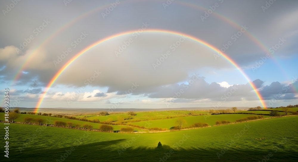 Fototapeta premium A breathtaking double rainbow majestically spans across a vibrant green rural landscape under a dramatic, cloudy sky, showcasing nature's spectacular post-storm beauty