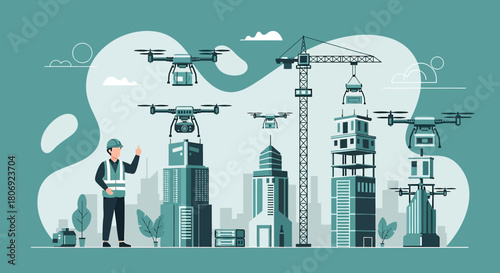 Modern urban construction with drone delivery and aerial inspection for efficiency and progress