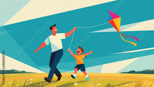 Illustration Of A Father And Son Playing A Kite Vector Design Template