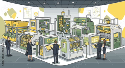 Modernized industrial facility featuring automated machinery and observing professional personnel