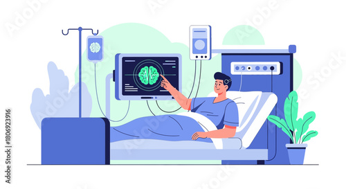 Patient undergoing brain scan with advanced medical technology in a hospital setting for diagnosis