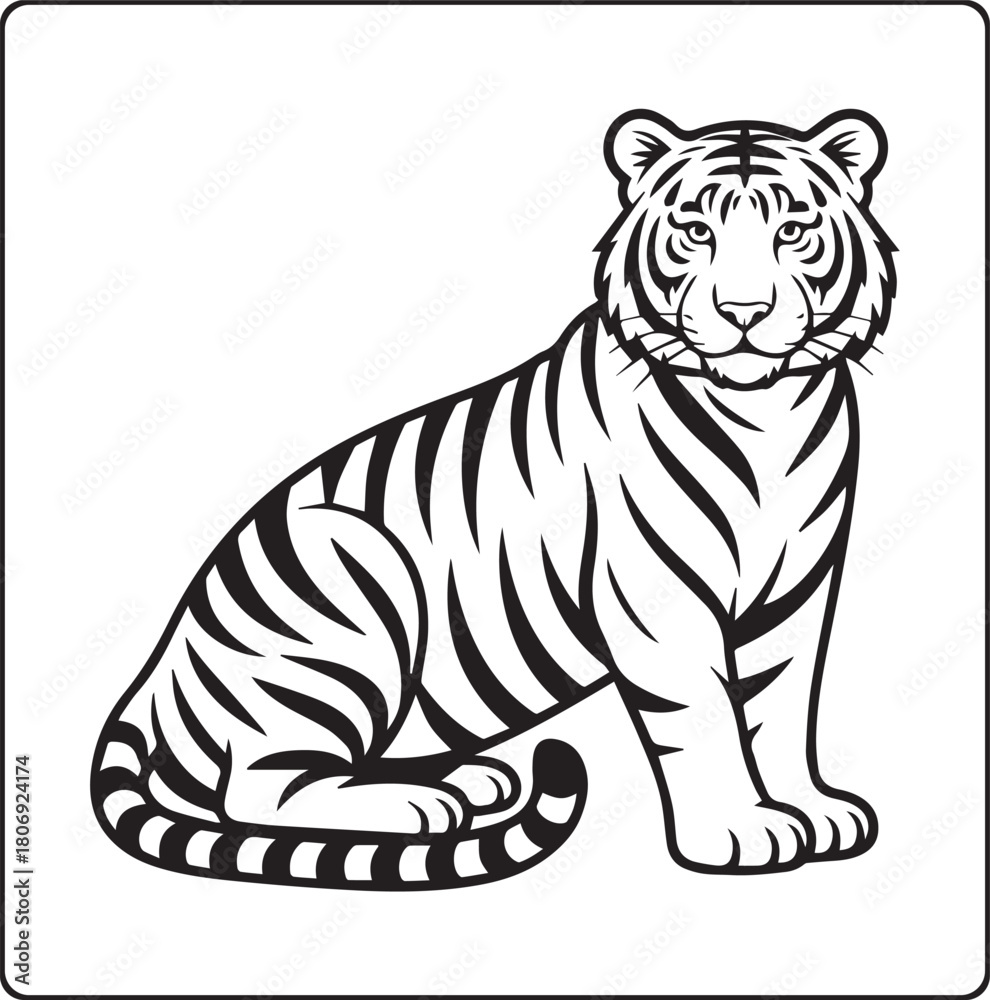 Fototapeta premium A beautiful tiger sitting alone black outline vector illustration coloring book for kids