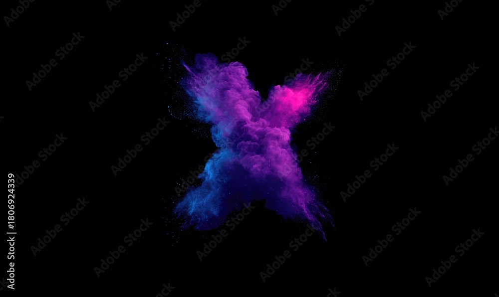 Obraz premium Exploding vibrant purple and blue powder forming an X shape against a black background