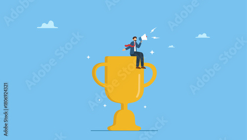 Businessman telling success story with megaphone on winner trophy. Success story to motivate people to develop and improve to achieve life success, telling story or inspire people, aspiration.