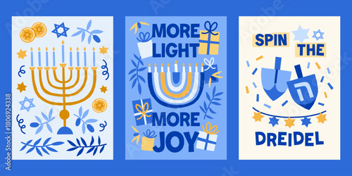 Modern Hanukkah vector cards set. Cute jewish holidays print designs with menorah, dreidel, olives, star of David, gifts illustrations