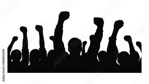 Protest crowd with raised fists silhouette isolated on white background, Vector