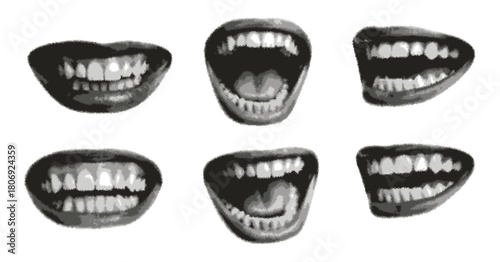 Lips and mouth in scream with monochrome photocopy effect, grunge punk y2k collage design, stipple halftone brutalist retro elements, vector illustration