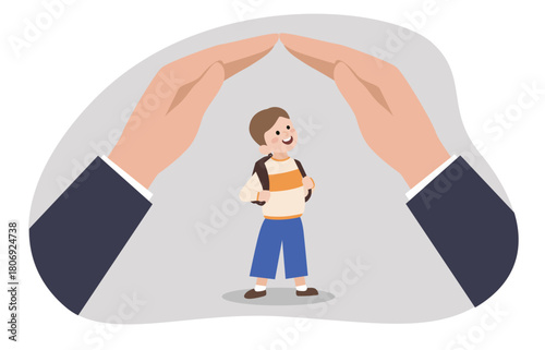 A child standing between two hands forming a protective roof-like shape above them. It symbolizes protection, care, and safety for children.