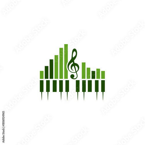 Green music equalizer with piano keys and treble clef, sound wave graphic design, melody harmony rhythm concept