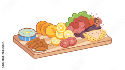 Delicious fruit and cheese charcuterie board with crackers and dip for healthy eating and entertaining guests