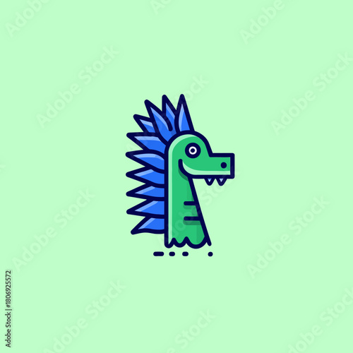 Playful green dinosaur or dragon illustration with blue spiky mohawk-like crest, friendly monster icon on a light background