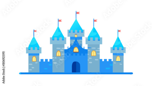 Blue cartoon castle vector illustration for kids fairytale fantasy kingdom drawing design and art project resource