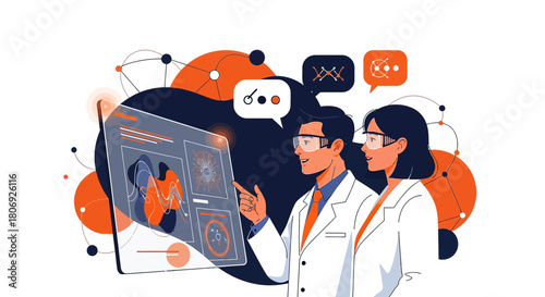 Scientists collaborating on innovative technology research, utilizing digital interfaces for data