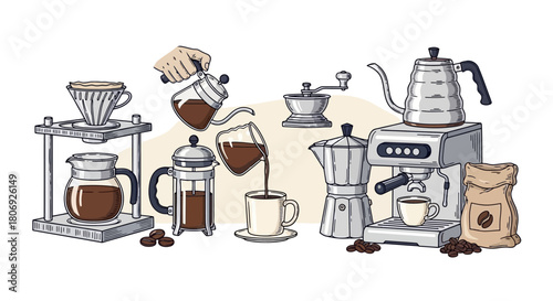 Coffee brewing methods illustration Pour-over, French press, Moka pot & Espresso machine