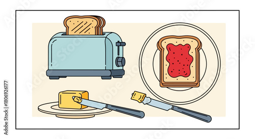 A classic morning breakfast preparation scene depicted in a line art illustration set with a toaster, butter, and toast with jam