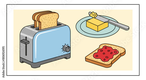 A classic breakfast scene illustration featuring a kitchen toaster making warm bread with butter and jam on the side
