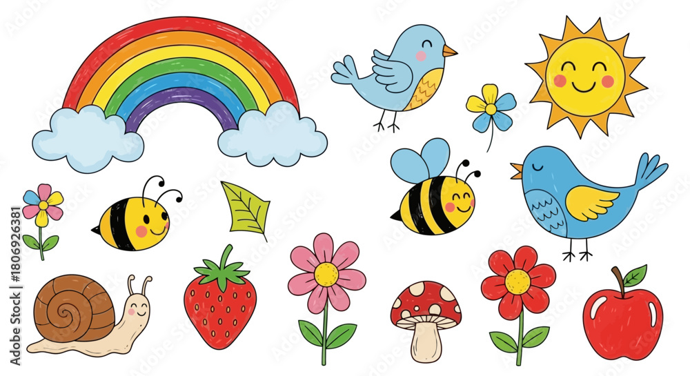 Fototapeta premium Cute cartoon spring nature elements set featuring a hand-drawn rainbow, smiling sun, birds, bees, flowers, and a snail for children's illustrations