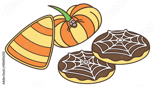 Halloween candy corn pumpkin spider and spiderweb donuts vector illustration for spooky season treat