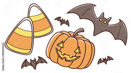 Halloween vector illustration with pumpkin, bats, and candy corn for spooky season designs and decorations