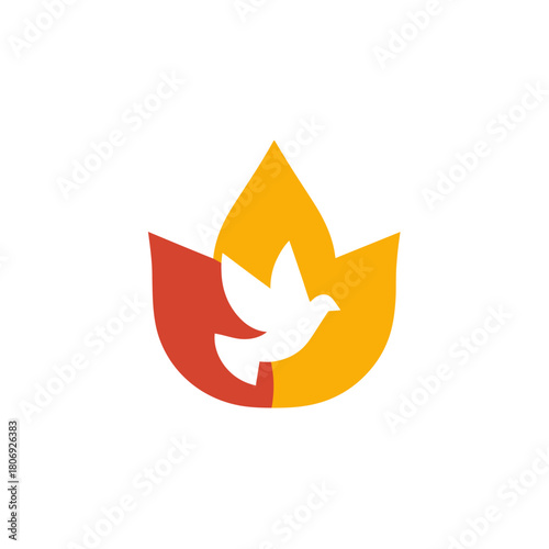 Holy Spirit symbol with white dove and flame on white background. Pentecost, peace, religion, and spiritual illustration.