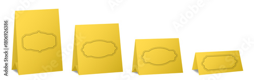 Set of table cards with vintage frames. Yellow bent sheets of different sizes. Tent table card, nameplate	