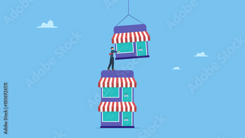 Ambitious businessman build up store on top of company stack. Build up business, expand or growing company empire, organization growth or ambition and effort to improve sales, extension.